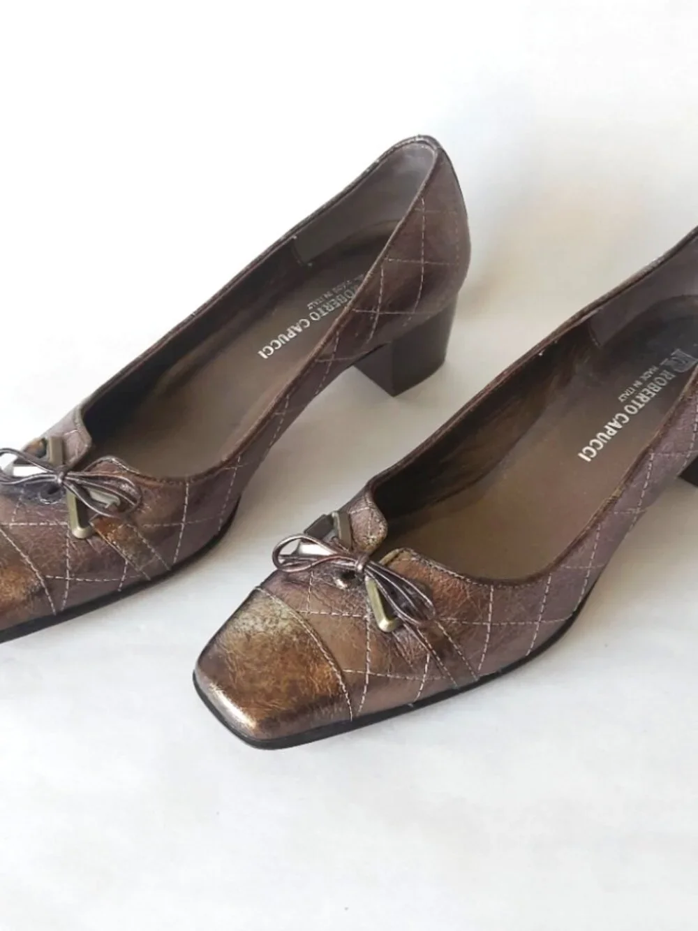 Roberto Capucci Women Bow Tie Square Toe Shoes Size 8 Bronze Gold Block Low Heel